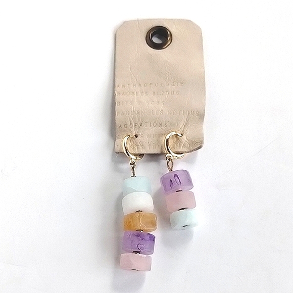 Anthropologie NEW Pastel Stone Disc Style Gold Tone Mini Hoop Huggie Earrings - Picture 1 of 7